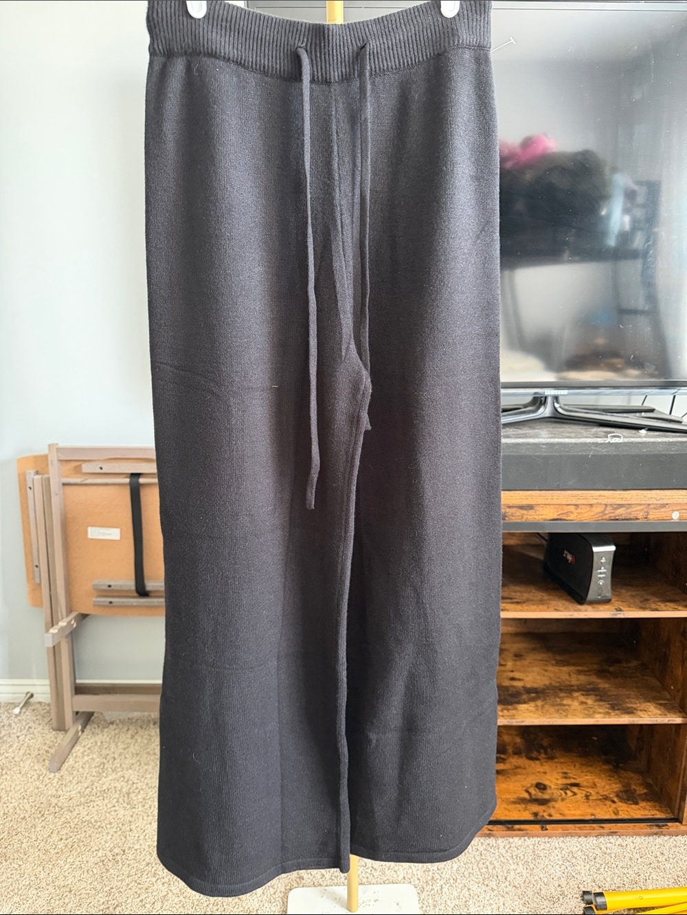 Women's Black Knit Wide Leg Drawstring Jogger Pants